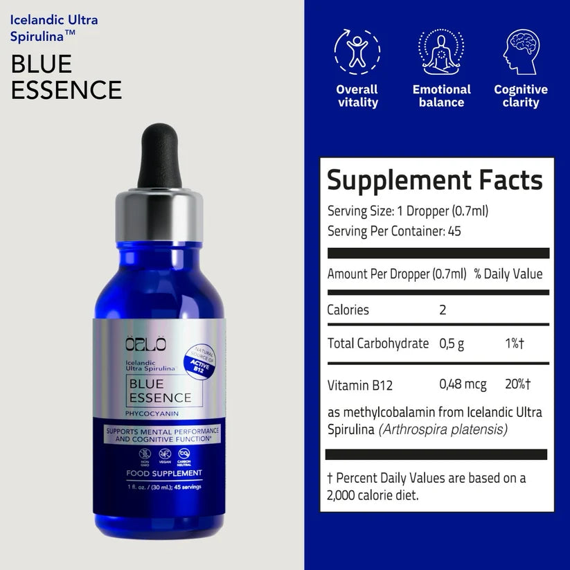 Blue Essence Spirulina Drops ÖRLÖ Icelandic Ultra Spirulina 45g by ÖRLÖ Nutrition, Icelandic supplement, product photo 3