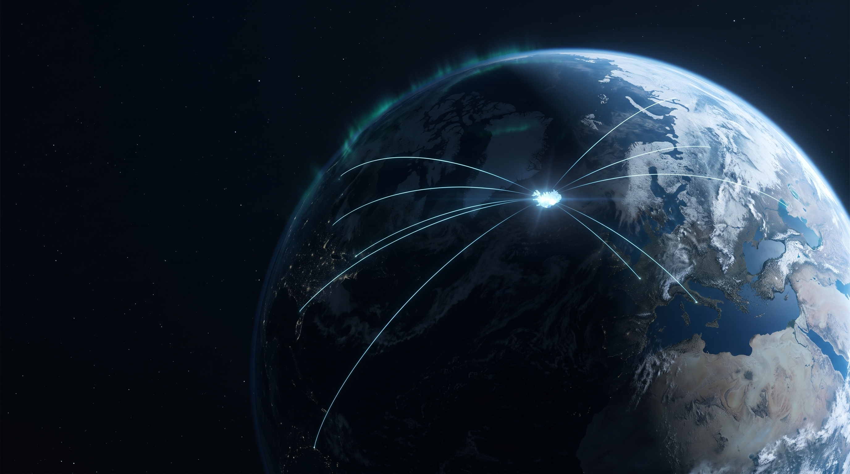 A stylized digital illustration of Earth viewed from space, with glowing blue fiber-optic lines radiating from a bright point over the Atlantic and Europe, set against a dark starry background.